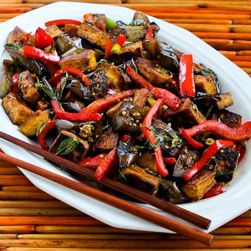 SrirachaSpiced StirFried Tofu with Eggplant, Red Bell Pepper, and