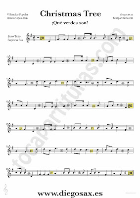 Tubescore Christmas Tree sheet music for Tenor and Soprano Saxophone Christmas Carol music score