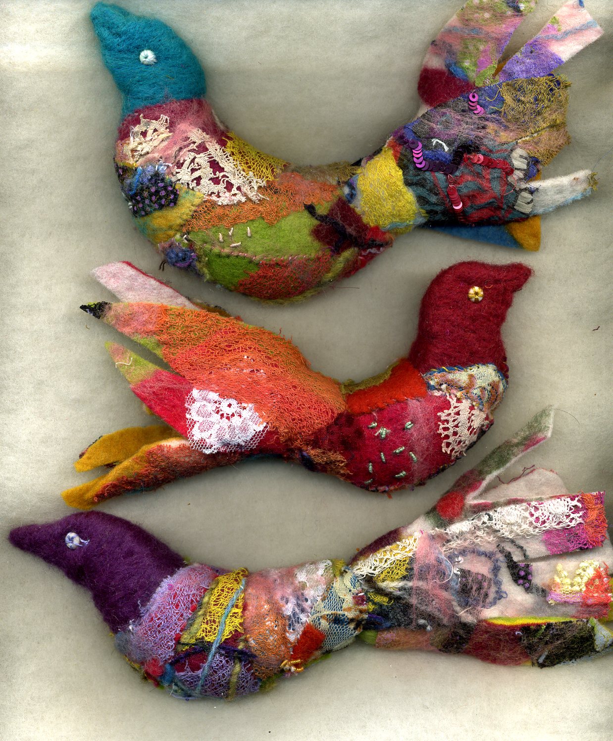 "I'm Loving You Again" Textile birds made with vintage fabrics
