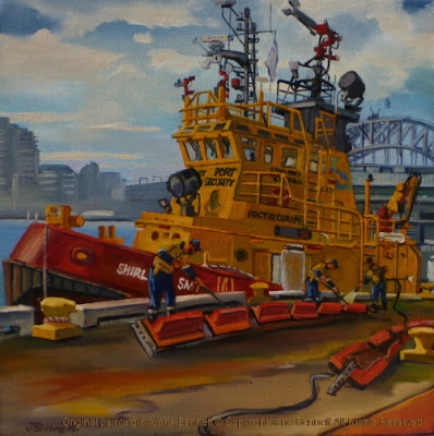 Marine Art - plein air oil painting of the Sydney Ports Emergency Response tug Shirley Smith from Moore's Wharf Walsh Bay Wharves by maritime heritage artist Jane Bennett