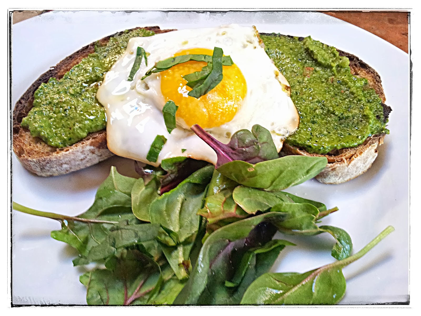 red or green? SpinachWalnut Pesto on Bruschetta with Fried Egg