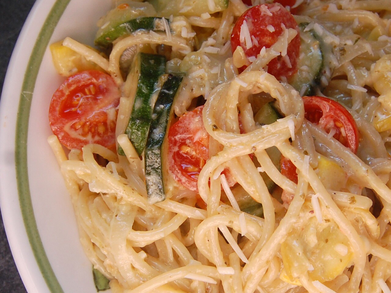 Cassie Craves Summer Vegetable Spaghetti with Pesto Cream Sauce