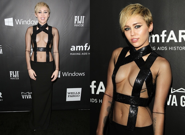 2014/10/29:Miley Cyrus arrived at the 2014 amfAR Inspiration Gala in Los Angeles cf. Tom Ford 2015 SS Nipples Sparkle White Maxi Dress