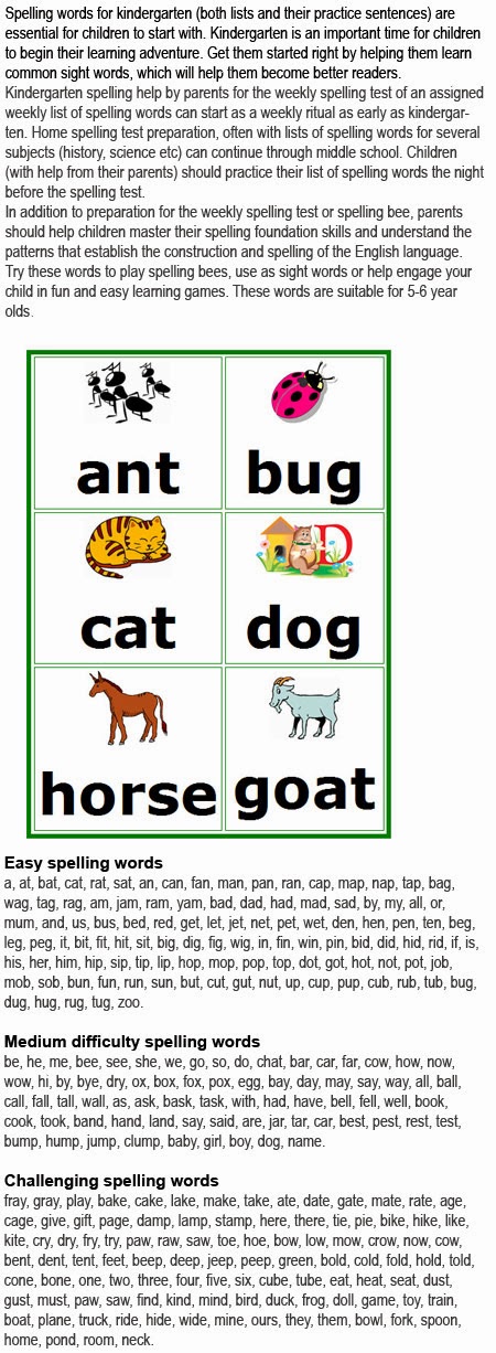 Spelling words for kindergarten