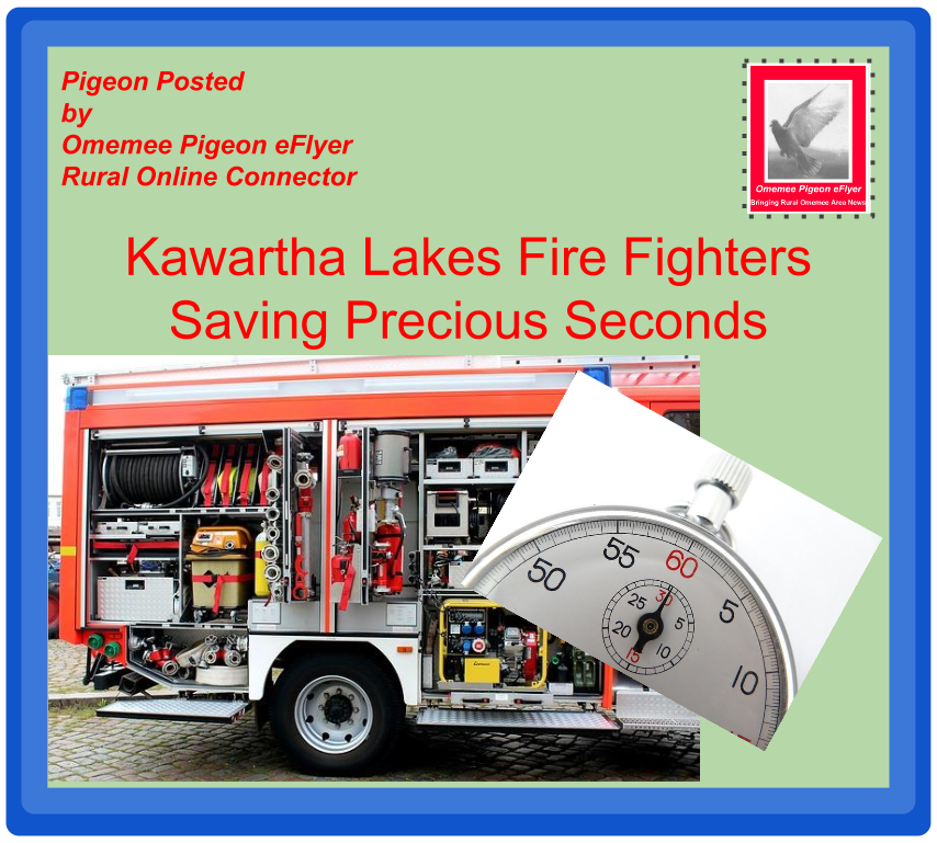 Omemee news - Fire fighters saving precious seconds How would you illustrate this headline? Omemee Pigeon posted Kawartha Lakes Firefighters saving precious seconds dhows fire truck and stop watch on Omemee Pigeon eFlyer branded envelope with pigeon stamp