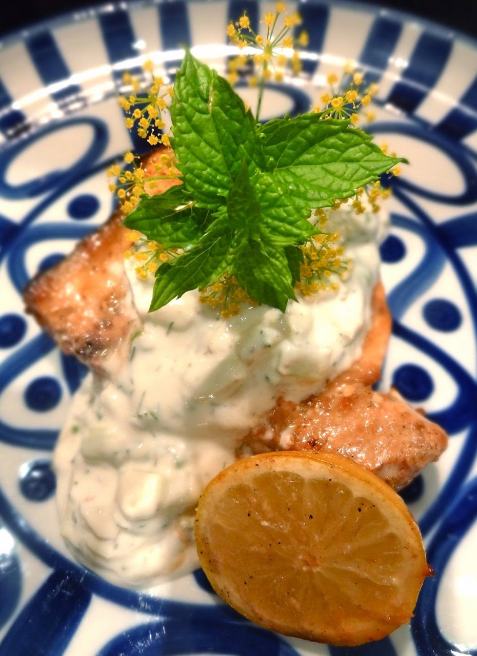 Scrumpdillyicious Indonesian Grilled Swordfish with Cucumber Raita