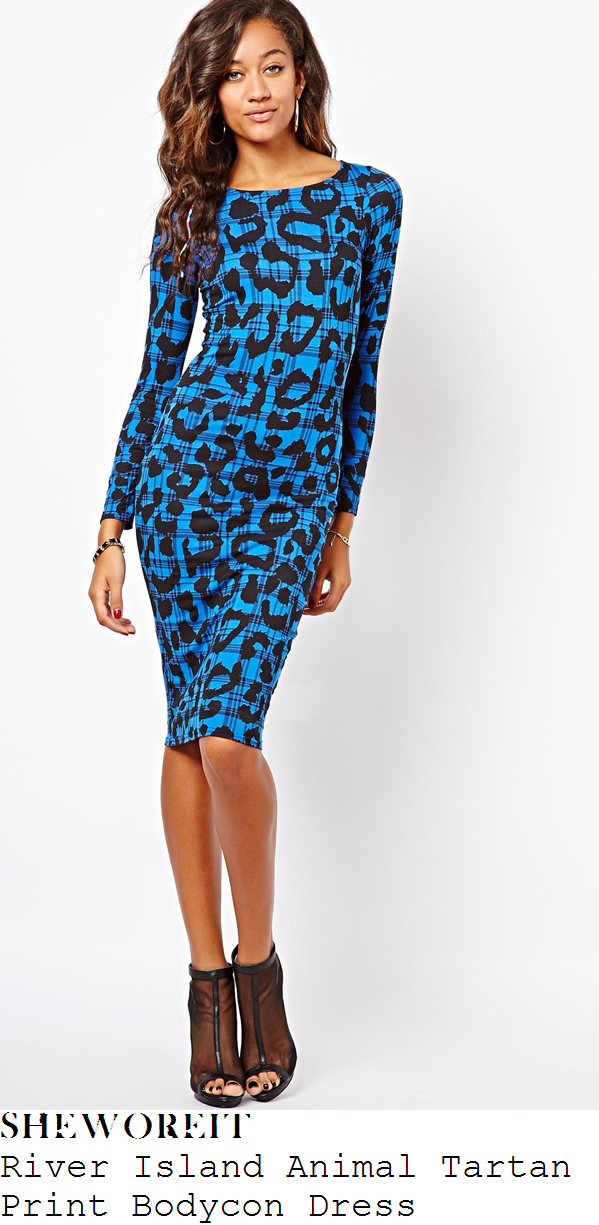 holly-willoughby-bright-blue-and-black-leopard-animal-tartan-line-print-long-sleeve-bodycon-dress-this-morning