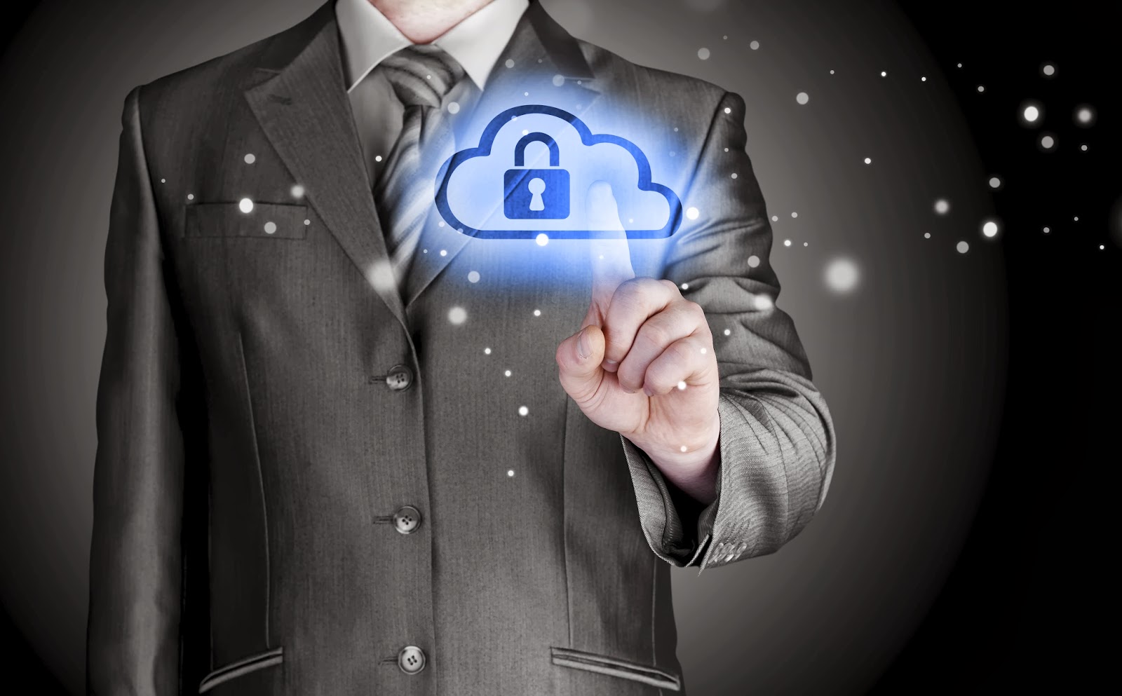 Businessman touching blue cloud with lock in it