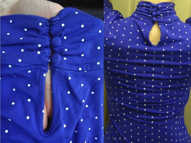 blue shirt with white polka dots, keyhole and buttons, from salvation army vancouver