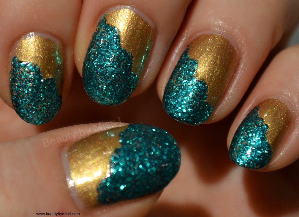 Diagonal French manicure, Models Own Gold Digger, Models Own Emerald City,