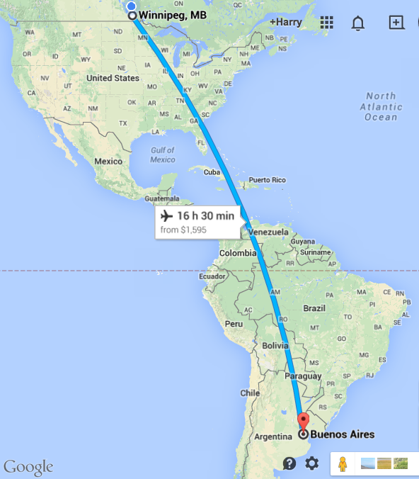 Map: Winnipeg to Buenos Aires