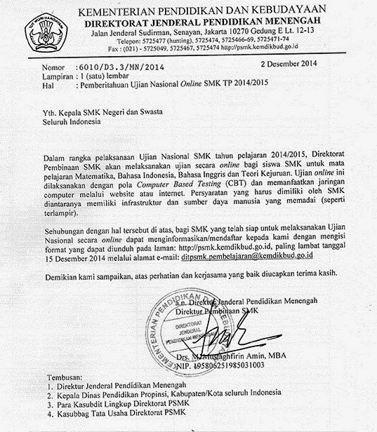 Surat Pemberitahuan Ujian Nasional Online Smk Tp 2014 2015