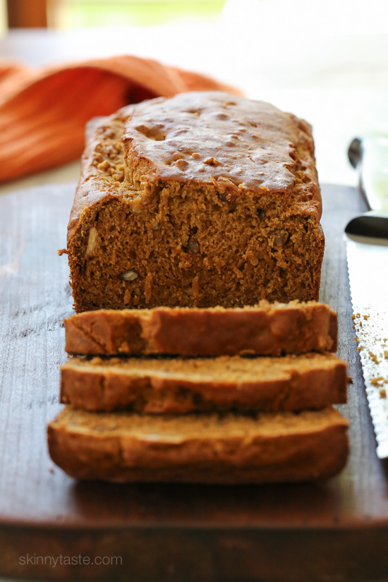 Pumpkin Banana Pecan Bread – made light by swapping most of the butter for pumpkin puree, bananas and apple sauce!