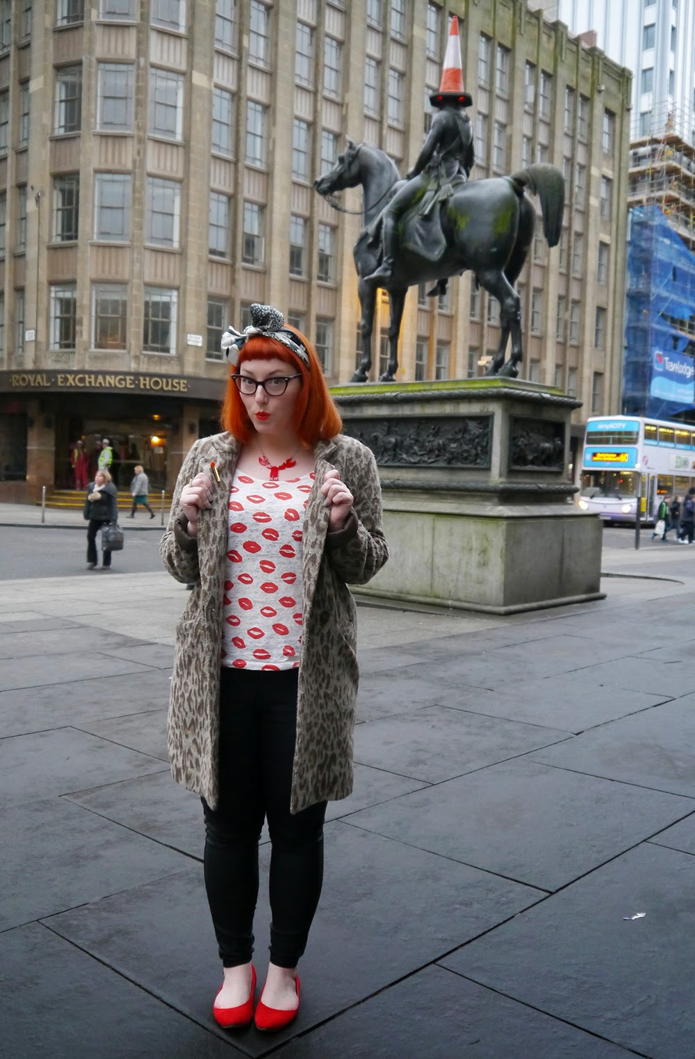 What Helen Wore: Karen Mabon, Lou Taylor, Tatty Devine Karen Mabon Penguin Scarf, Hair Bow. Scottish Blogger, Glasgow, cat eye glasses, ginger hair, hair accessory, Monki lip print top, leopard print coat warehouse, black skinny jeans, red shoes, Lou Taylor Match Brooch, Tatty Devine Lobster Necklace