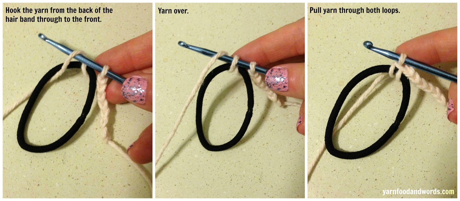 band and hook the working yarn behind the hair band