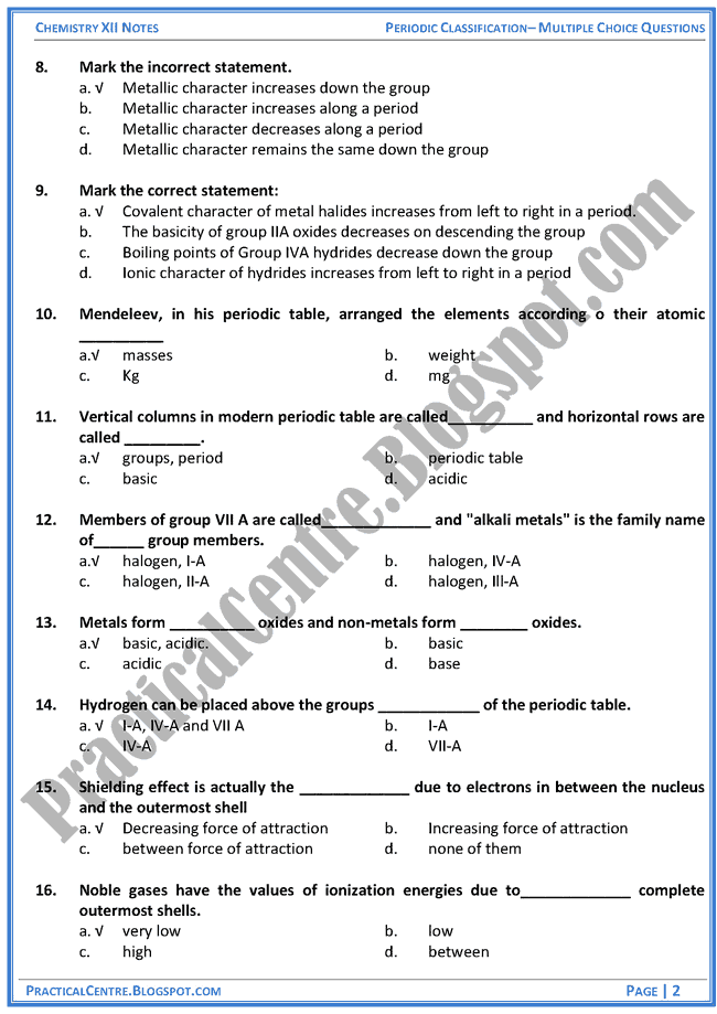 Periodic Classification - MCQs - Chemistry 12th