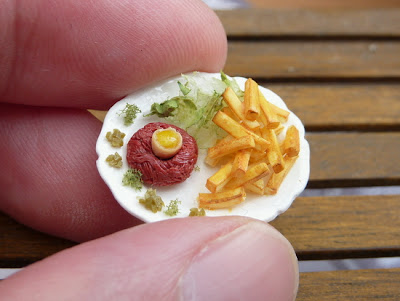 Miniature steak tartare with fries.  Handmade in 12th scale by Paris Miniatures - Emmaflam and Miniman
