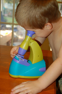 boy looking into toy microscope