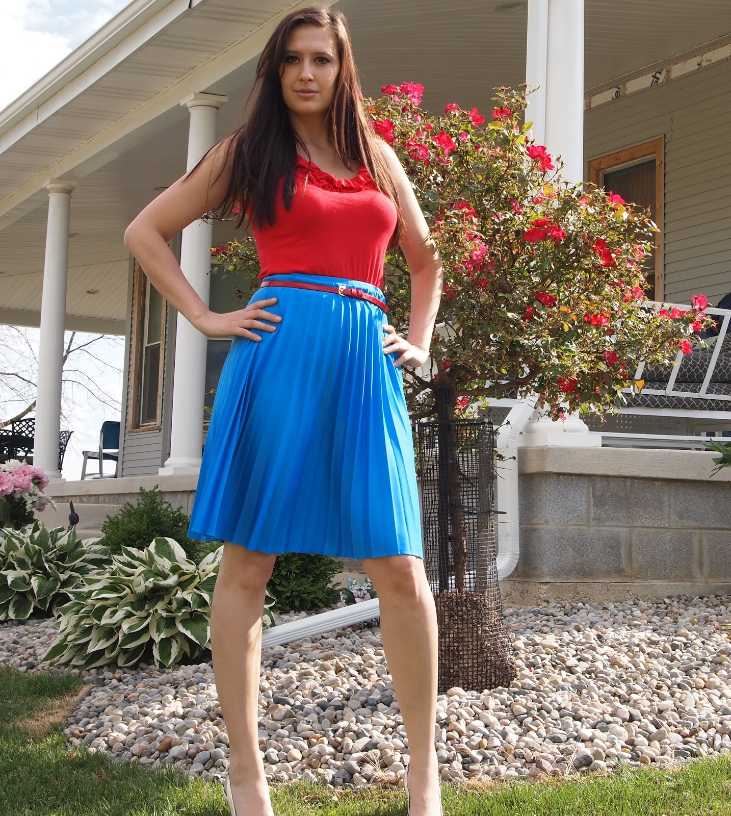 red top blue skirt