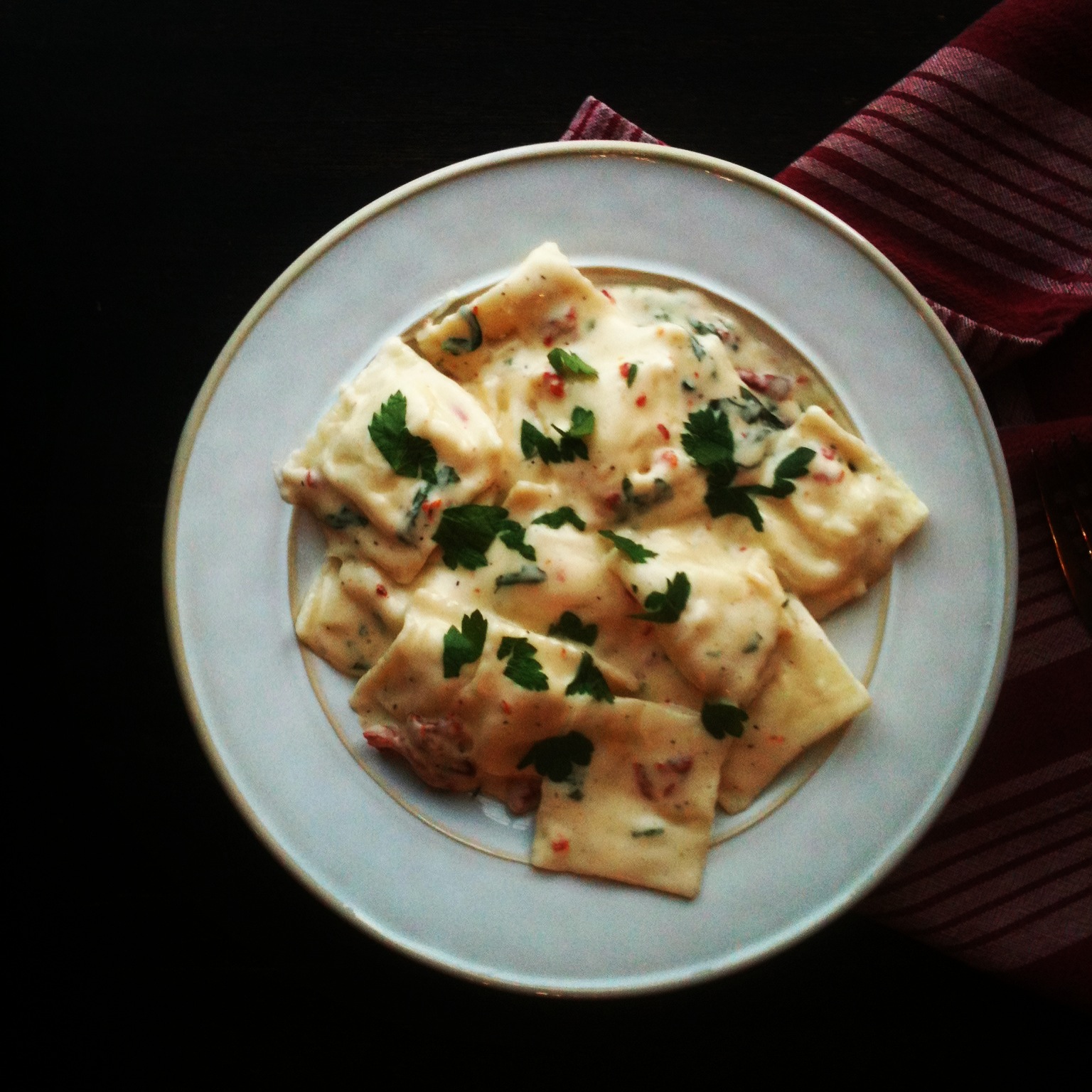 Butter & Chocolate Cheese Ravioli with Sun Dried Tomato Cream Sauce