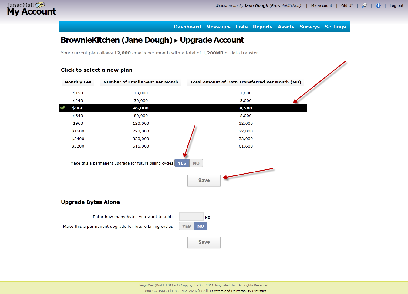 easier account upgrades jangomail