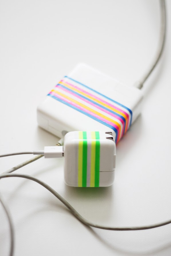 Refresh your mac chargers using colorful plastibands - no more washi tape!