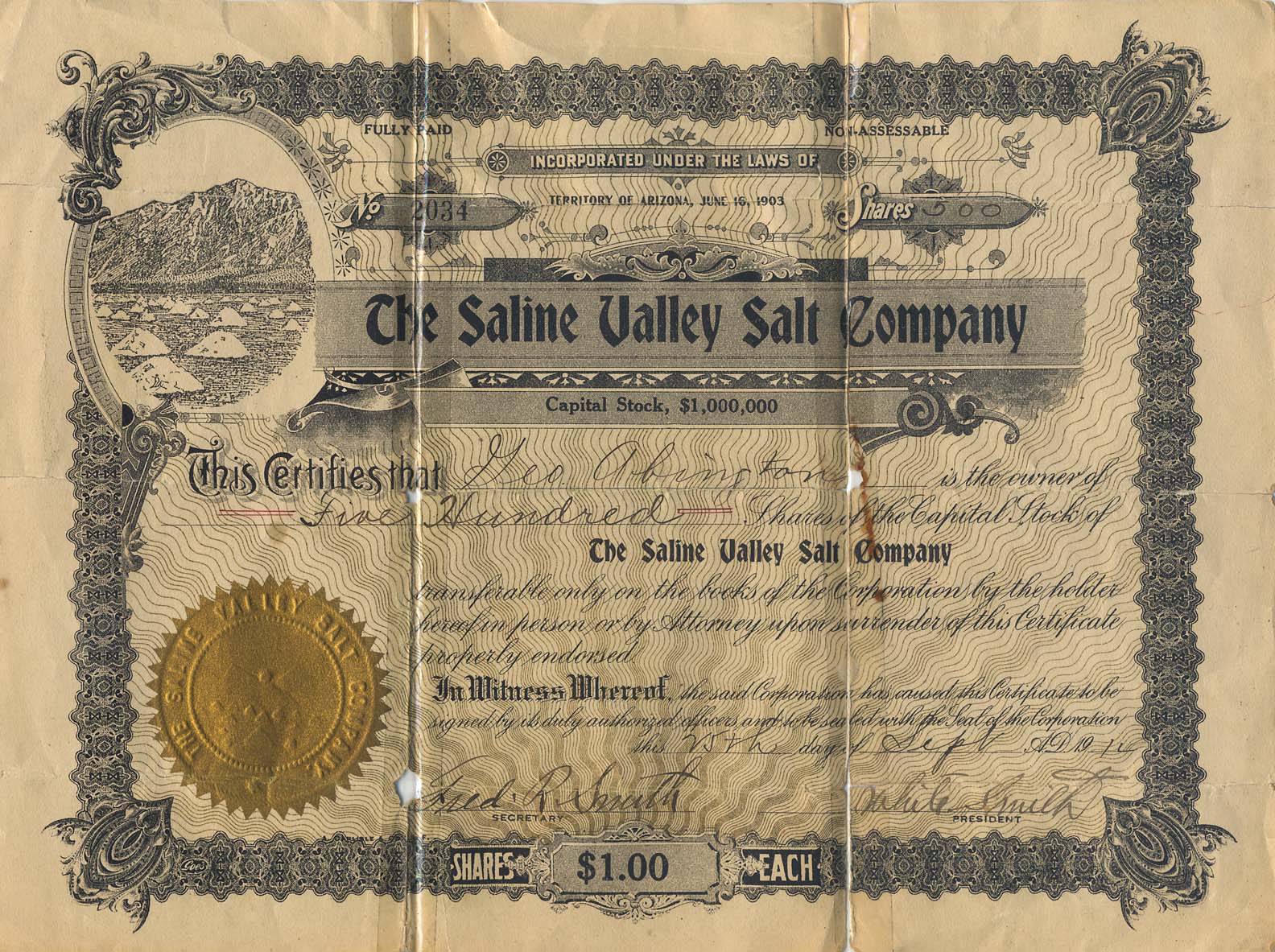 Saline Valley Salt Tram New Stock Certificate Found Dated