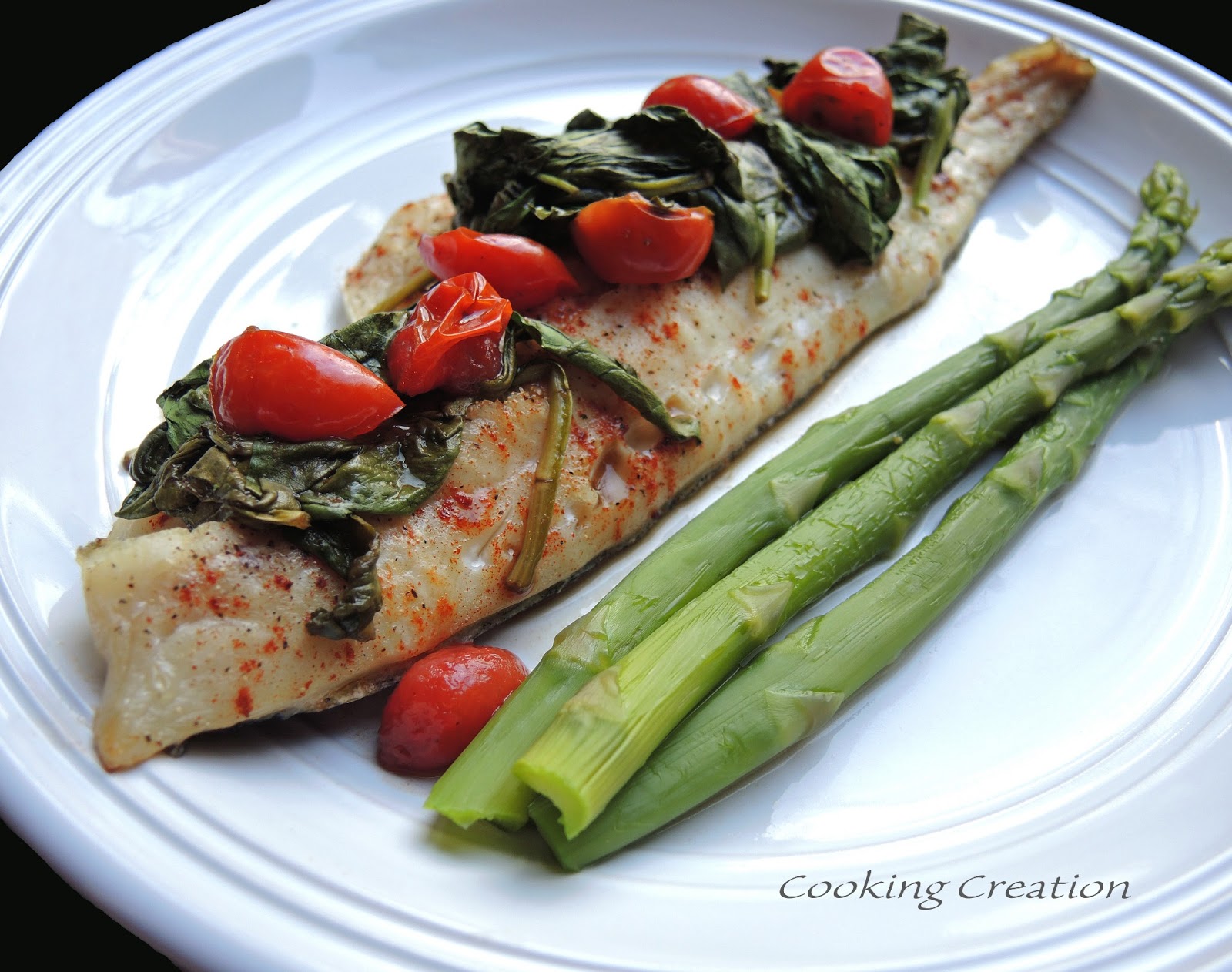 Cooking Creation Baked Haddock with Balsamic Spinach & Tomato Topping