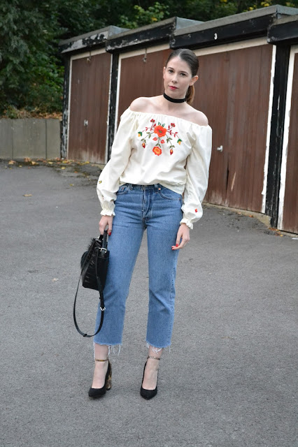 Affordable women's fashion blog, featuring vintage embroidery gypsy style off the shoulder top, Levi denim mom jeans. Black ASOS heels. Leather crocodile skin handbag from Zara