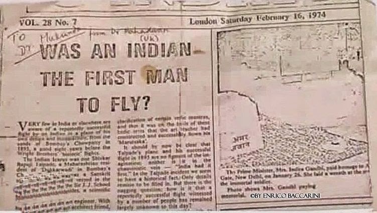 News pubblished in London times in 1974 that Indian was 1st man to fly