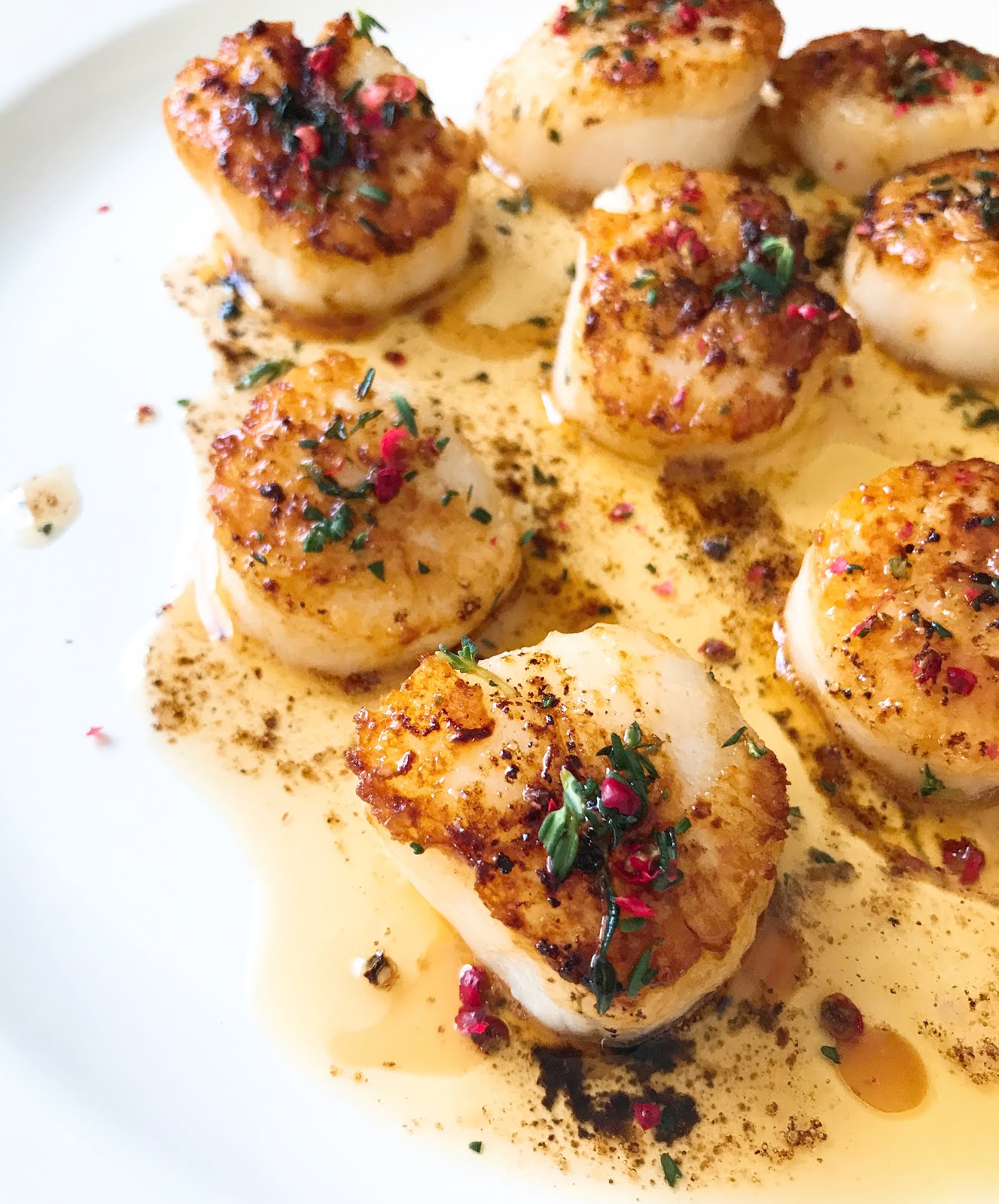 Brown Butter Scallops with Thyme and Pink Peppercorns Chef Jen