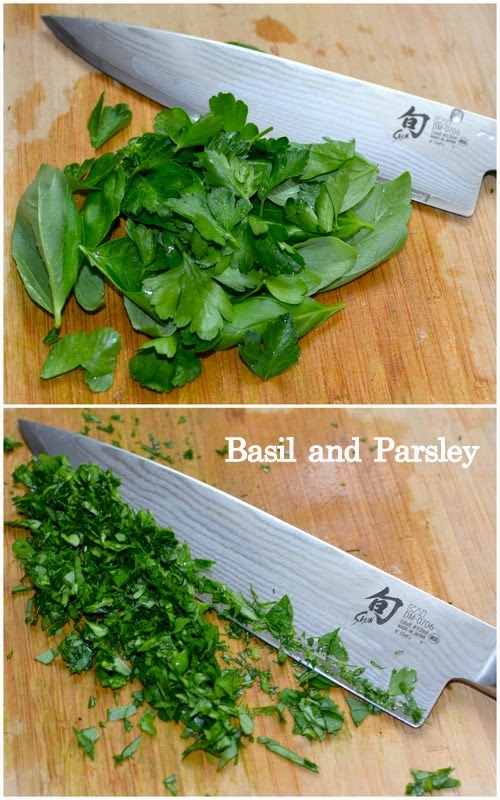 Basil, Parsley, Shun Knives, Cutting Board, Herbs