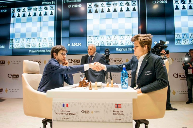 Carlsen bat MVL à la ronde 5 du Mémorial Vugar Gashimov - Photo © Shamkir Chess Tournament 2015 Carlsen bat MVL à la ronde 5 du Mémorial Vugar Gashimov - Photo © Shamkir Chess Tournament 2015