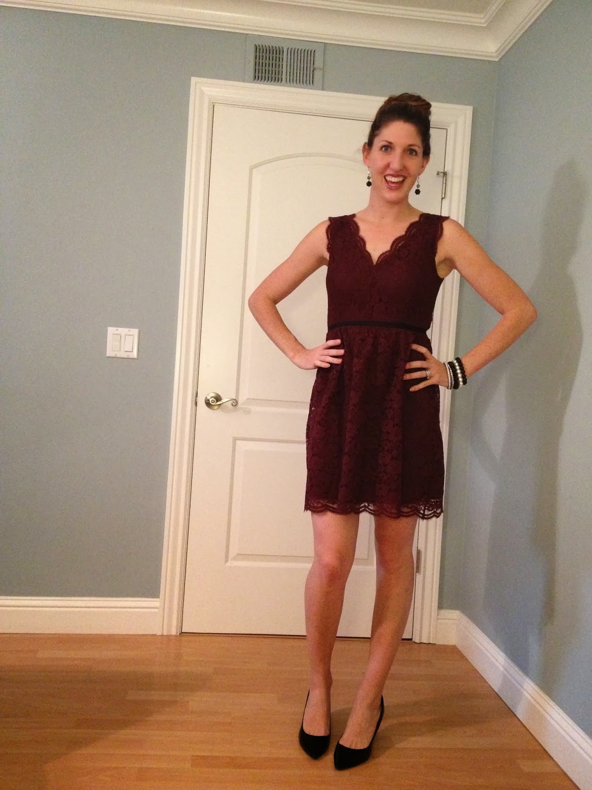 black dress with maroon heels