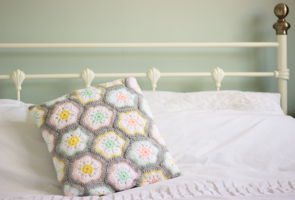floral and feather Crochet African flower cushion
