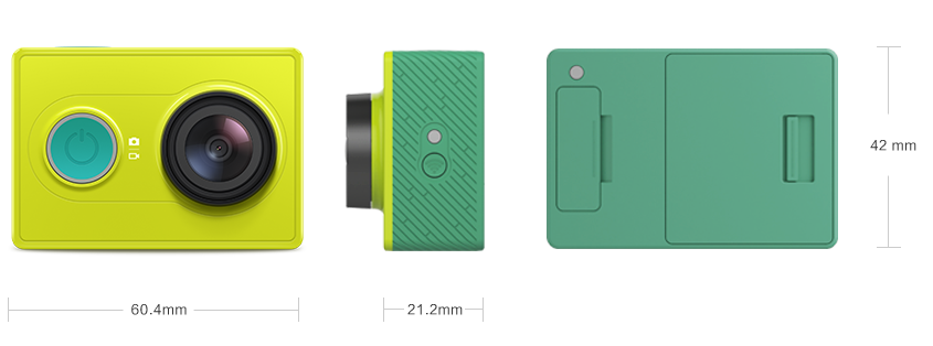 Medidas de la Xiaomi YI Las medidas de la cámara de acción Xiaomi YI son increíbles. 60,4mm de ancho, 21,2mm de pronfundidad y 42mm de alto.