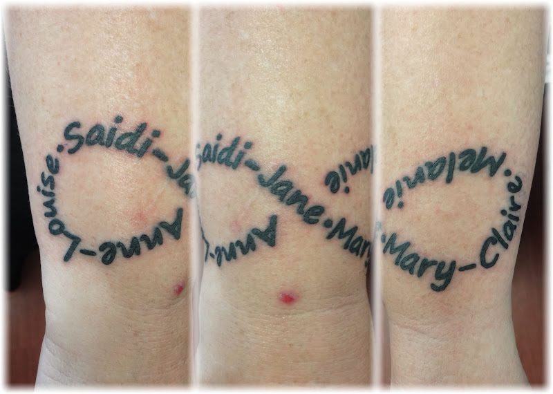 Sade's sisters names arranged into an infinity symbol. Tattoo by Gary title=