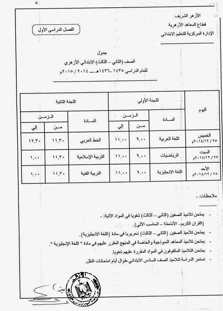 جدول امتحانات الترم الاول 2015 للصفين الثانى والثالث الابتدائى الازهرى