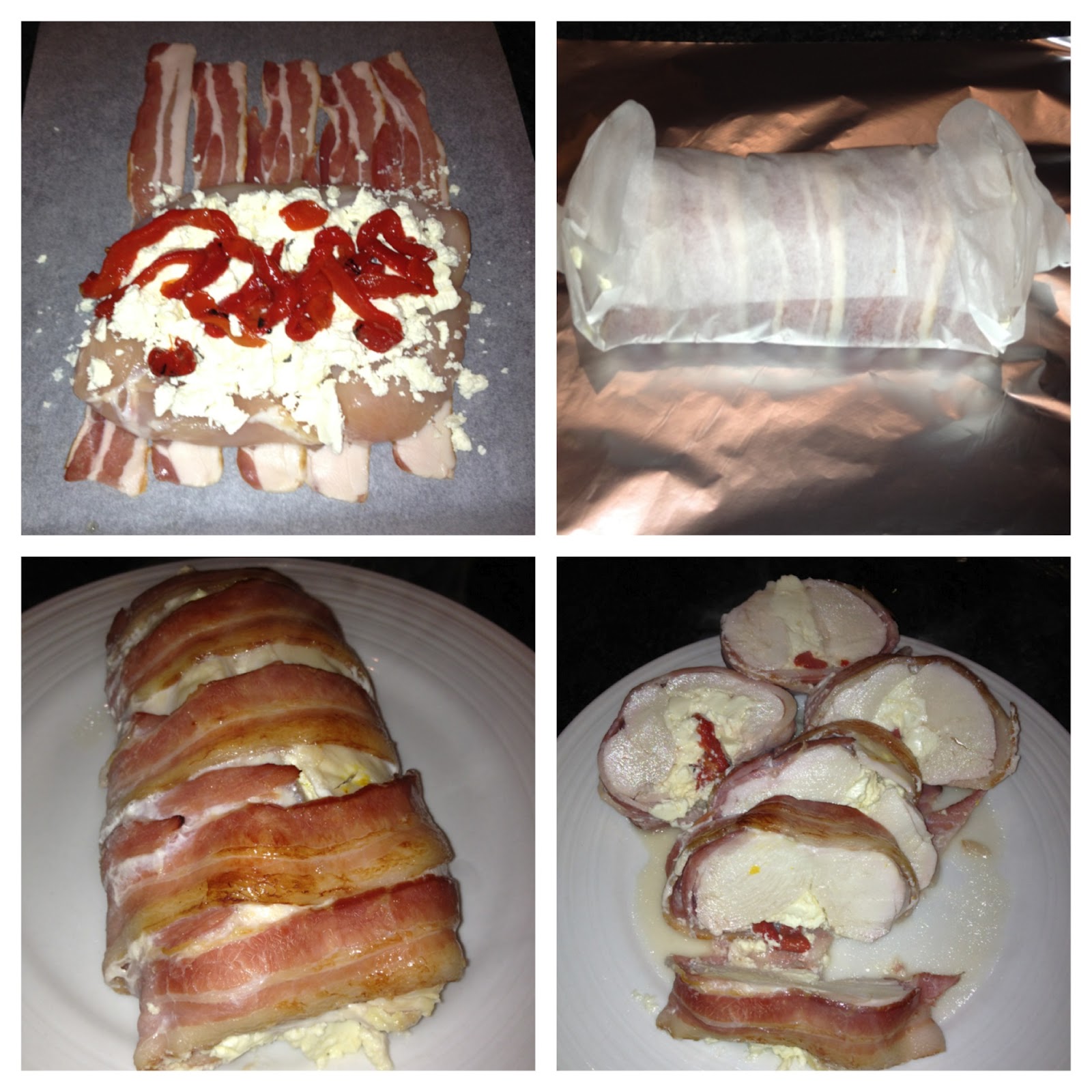 Bacon wrapped chicken, stuffed with feta and roasted red peppers