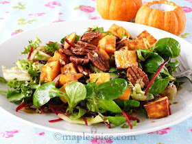 Warm Roasted Sweet Potato and Pecan Salad with Mixed Leaf and Beetroot with a Maple-Balsamic Dressing