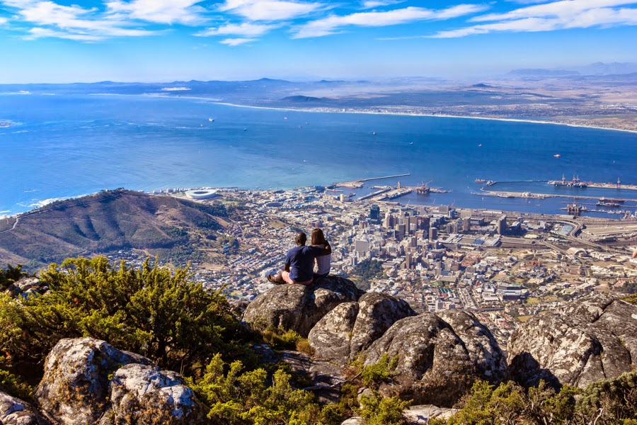 Table Mountain Cape Town South Africa couple overlooking bay