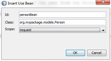 Insert Use Bean Property Settings Window showing the settings for inserting a Use Bean