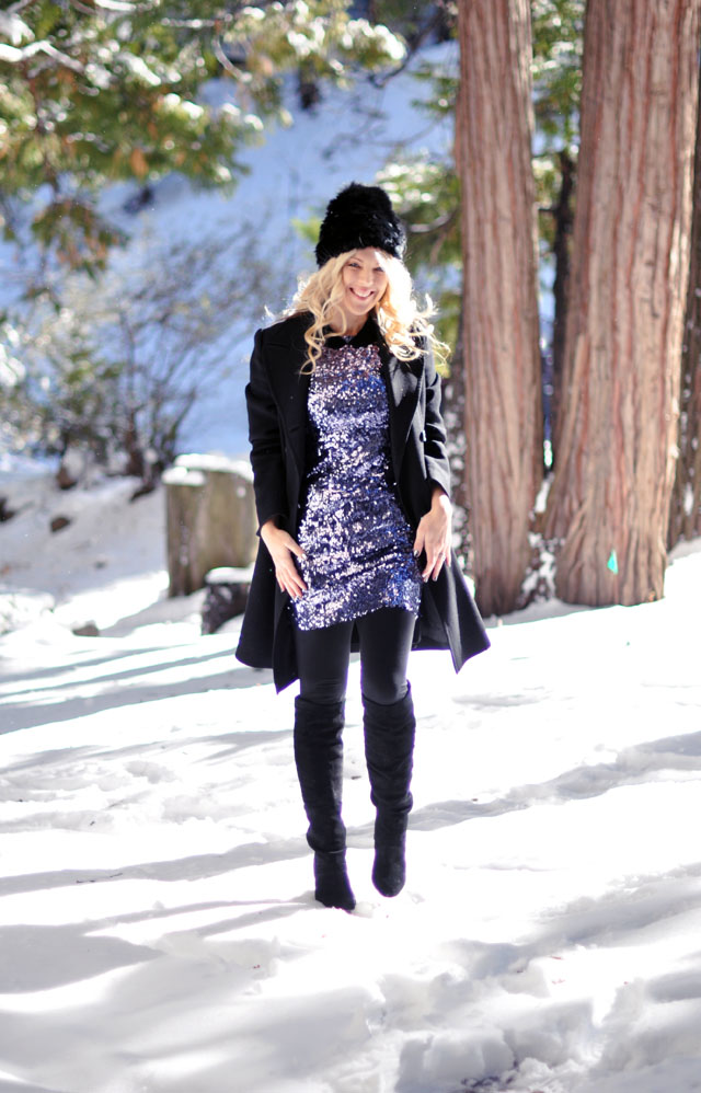 sequined party dress in the snow
