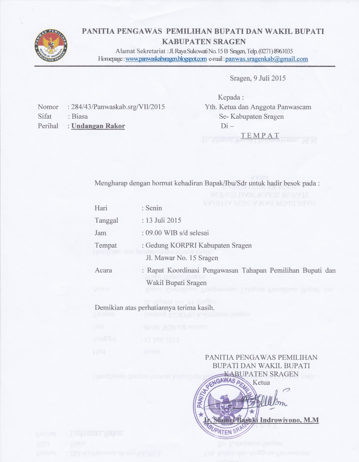 Panwas Kabupaten Sragen Undangan Rapat Koordinasi