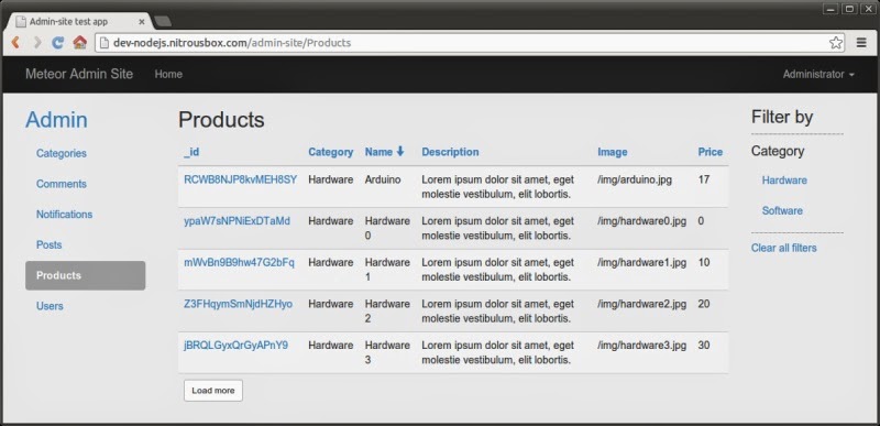 Products list screen with a filter, pagination and ordered by name Products list screen with a filter, pagination and ordered by name