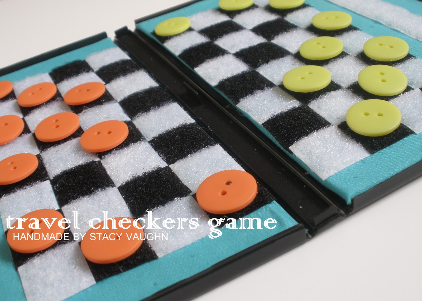 handmade by stacy vaughn travel checkers board