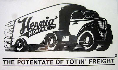 Close up of truck door with illustration of truck and tagline The Potentate of Totin' Freight