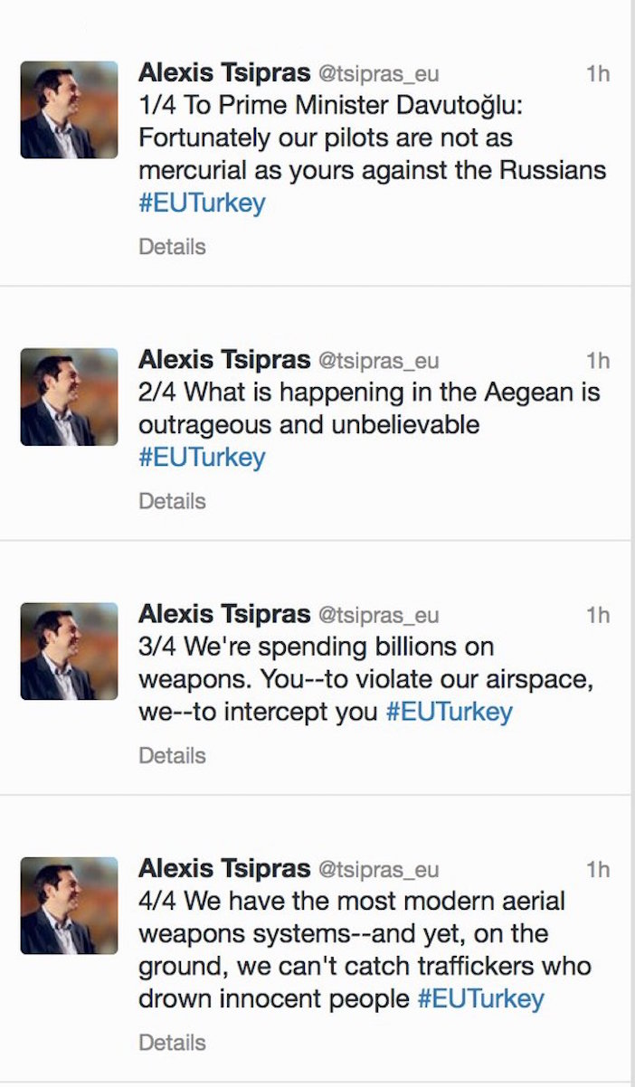 Greek Prime Minister Blasts Turkey on Twitter Over Russian Plane Downing - Turkey violated Greek airspace 2,244 times in 2014 alone - Tsipras tweet to Davutoglu Greek Prime Minister Blasts Turkey on Twitter Over Russian Plane Downing - Turkey violated Greek airspace 2,244 times in 2014 alone - Tsipras tweet to Davutoglu