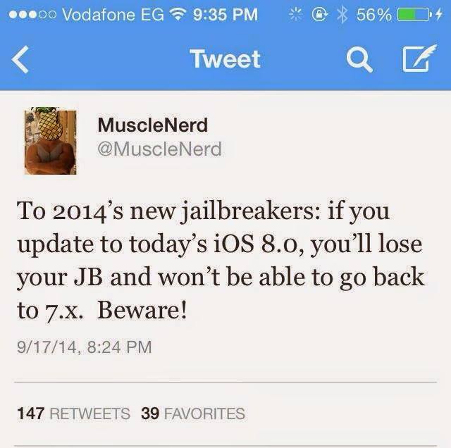 MuscleNerd Warning About iOS 8 Jailbreak