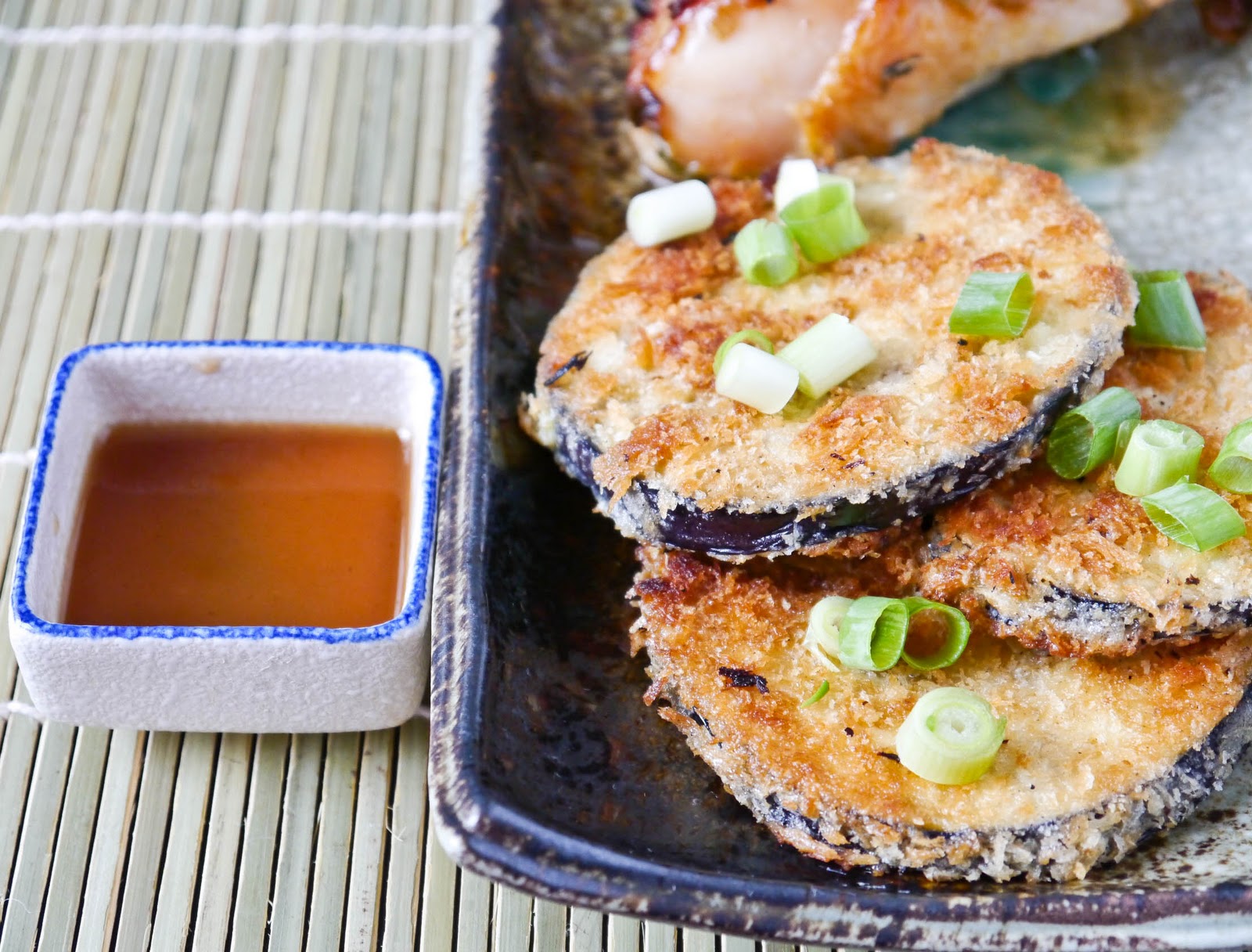 Peaches and Donuts Panko crusted eggplant with Sesame Ponzu Sauce